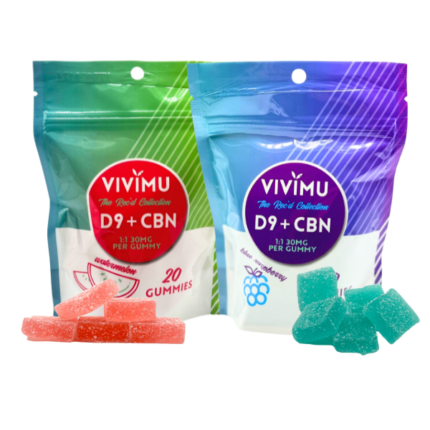 Vivimu Blue Raspberry and Watermelon Delta 9 CBC Gummies 20Count Front View 1