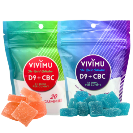 Vivimu Blue Raspberry and Watermelon Delta 9 CBC Gummies Front View